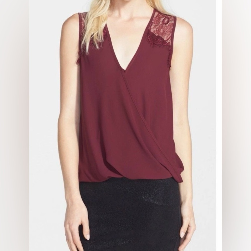 ASTR the Label CHIC  LACE  YOKE  WRAP  BLOUSE  TOP maroon see description